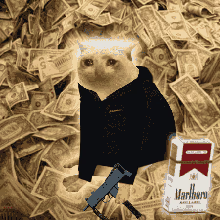 A surreal collage featuring a cat's head on a body wearing a black hoodie, holding a gun, with a background of scattered dollar bills and a Marlboro cigarette pack.