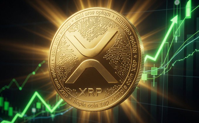 A golden XRP cryptocurrency coin with its distinctive X logo displayed prominently against a backdrop of green upward-trending candlestick charts.