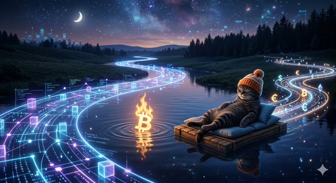The image features a cat wearing an orange hat, sitting on top of a floating platform that appears to be made out of blocks. The cat seems to be enjoying its time as it floats along with a fire burning below it. The background of the image is filled with stars and a river flowing through a cityscape at night. The post also mentions Bitcoin, which could potentially be related to the floating platform or the cat's position in the image.