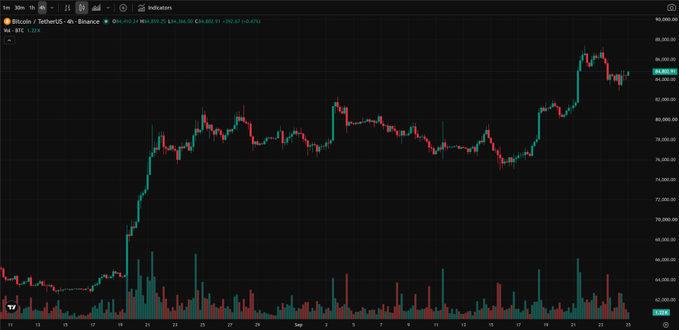 A candlestick chart for Bitcoin/USDT on Binance showing price action around $84,888.99 with significant volatility and volume bars below.
