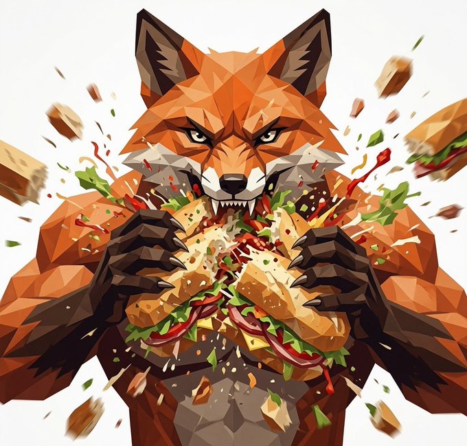 A low-poly fox with a fierce expression and sharp claws devours a sandwich bursting with lettuce, meat, and sauce, with ingredients exploding outward. The image visually represents the concept of "eating MEV for lunch," symbolizing a predatory fox (likely representing a protected MEV solution) aggressively consuming transactions to shield them from MEV attacks by bypassing the public mempool.