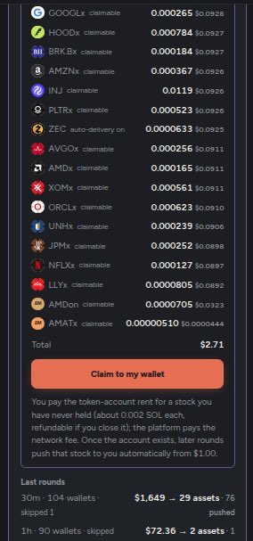The image shows a Solana token claiming interface titled "Claim from coinable," listing various tokens including GOOGLx, HOODx, BRK.Bx, AMZNx, INJx, and others, with a total claimable amount of $2.71. Below the list, recent round statistics are visible, such as "30m - 104 wallets $1.649 - 29 assets" and "1h - 90 wallets skipped $72.36 - 2 assets," which relates to the user's concern about RPC resources being strained when running high pair counts (1268x) on auto-claim settings.