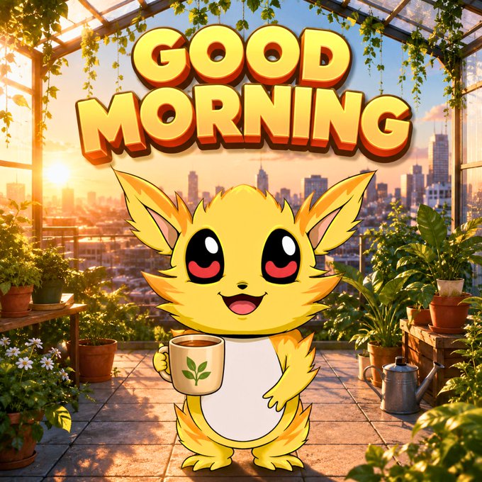 A cartoon illustration of a yellow fox-like creature with large red eyes holding a mug, set in a sunlit greenhouse with a city skyline in the background, beneath the bold text 'GOOD MORNING'.