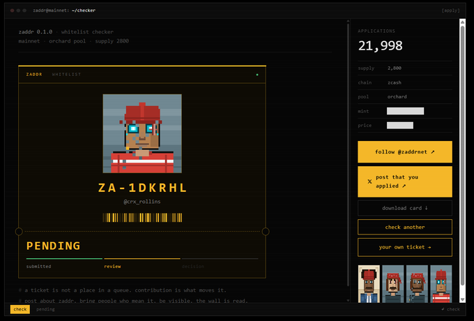 A web interface for 'zaddr whitelist checker' showing ticket ZA-1DKRHL for @crx_rollins in the 'review' stage, with 21,998 applications total.