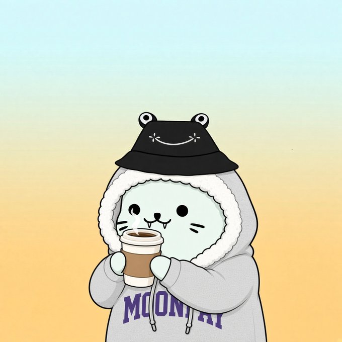A cartoon illustration of a cute seal in a gray 'MOONDAY' hoodie and black bucket hat holding a cup of coffee.