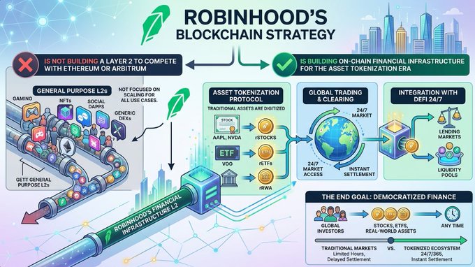 An infographic titled "ROBINHOOD'S BLOCKCHAIN STRATEGY" contrasts general-purpose L2s (gaming, NFTs, social dapps, generic DEXs) with Robinhood's financial L2 approach, highlighting asset tokenization (stocks like AAPL, NVDA, ETFs, RWAs), 24/7 global trading and clearing, and integration with DeFi 24/7 for tokenized lending markets and liquidity pools. Tickers and terms visible include AAPL, NVDA, ETFs, RWA, and DeFi 24/7, aiming toward "DEMOCRATIZED FINANCE" for global investors.

The image supports the post's claim by showing that Robinhood Chain is **not** a meme-focused L2 like Solana or BSC, but rather a financial infrastructure L2 designed for tokenizing real-world assets—a fact that contrasts with the post's framing of Robinhood Chain as a competitor to Solana's meme coin ecosystem.