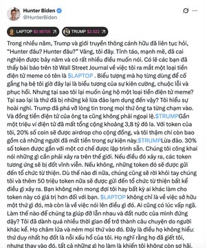 A Vietnamese-language post by "Hunter Biden" on LAPTOP discusses memories of taking his son Hunter II hunting and fishing, mentioning experiences with a TROLLMAN 3.8 tỷ đô và STRUMPF.
