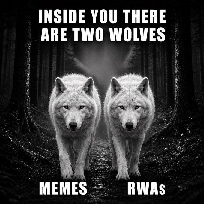 Black and white meme image showing two wolves walking through a forest with text 'INSIDE YOU THERE ARE TWO WOLVES' at the top, labeled 'MEMES' and 'RWAs' below each wolf.