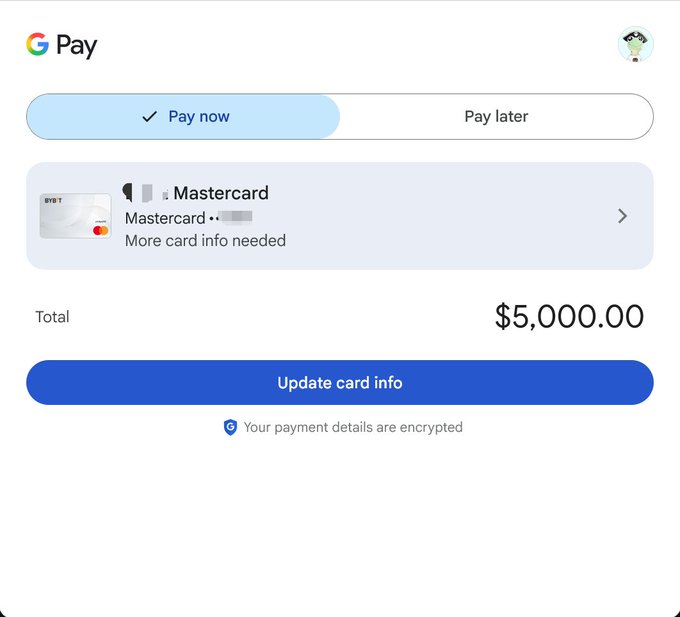 A screenshot of a Google Pay checkout interface showing a 'Pay now' tab selected, with a Mastercard ending in 'Mastercard' requiring more info, a total of $5,000.00, and a blue 'Update card info' button.