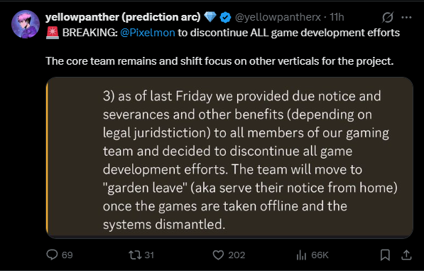 Screenshot of a tweet from @yellowpantherx stating 'BREAKING: @Pixelmon to discontinue ALL game development efforts' with a quoted message about providing severance to gaming team members.