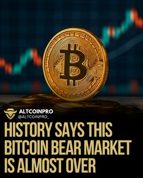 A gold Bitcoin coin displayed against a chart background, with text reading 'ALTCOINPRO (@ALTCOINPRO_): HISTORY SAYS THIS BITCOIN BEAR MARKET IS ALMOST OVER.'