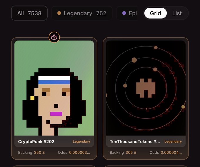The image shows two NFT collection cards in a grid view: CryptoPunk #202 (Legendary) with 350 ETH backing and TenThousandTokens #... (Legendary) with 305 ETH backing. The post describes how TenThousandTokens briefly took the #1 spot with 305 ETH before a CryptoPunk holder spent 350 ETH to reclaim the top position, which matches the two competing legendary NFT collections shown in the image.