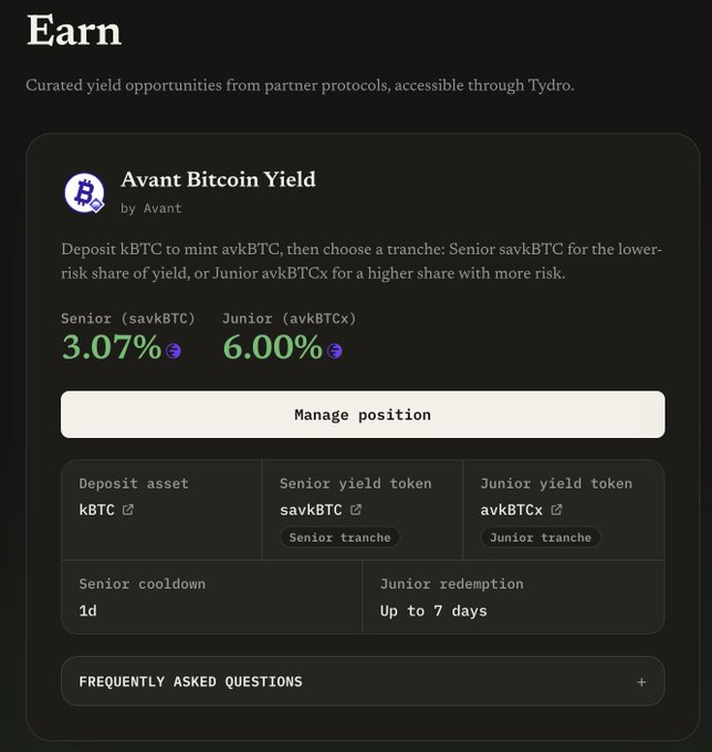 A dark-themed mobile app interface titled 'Earn' showing the 'Avant Bitcoin Yield' opportunity, detailing deposits of kBTC to mint avkBTC, with Senior yields at 3.07% and Junior yields at 6.00%.