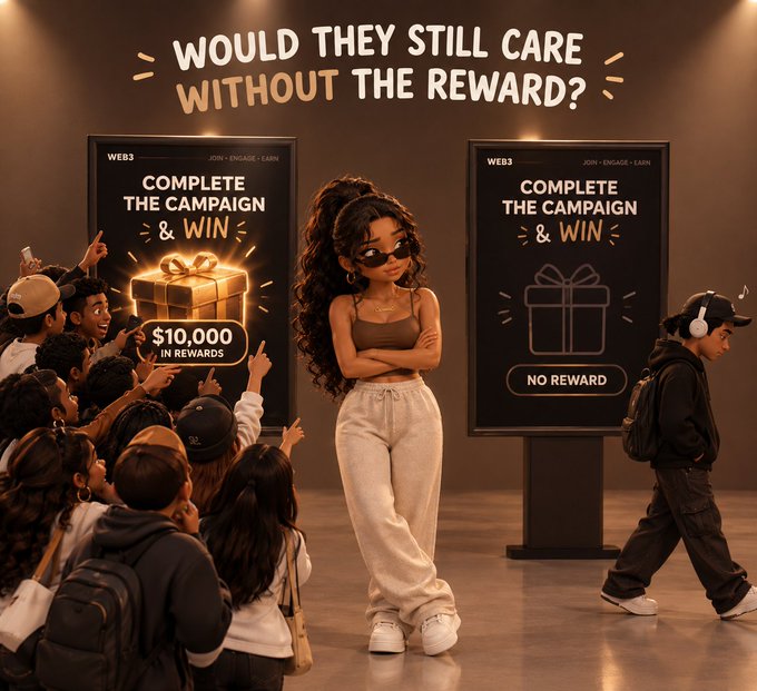 Digital illustration with the text 'WOULD THEY STILL CARE WITHOUT THE REWARD?' showing crowds at two digital billboards: one advertising '$10,000 IN REWARDS' and the other 'NO REWARD'.