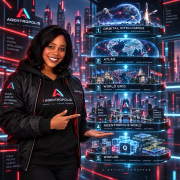 A woman wearing an 'AGENTROPOLIS' hoodie points to a futuristic, holographic infographic displaying five layers: '1 ORBITAL INTELLIGENCE', '2 ATLAS', '3 WORLD GRID', '4 AGENTROPOLIS WORLD', and '5 WORLD', with the tagline 'A BETTER TOMORROW' below.