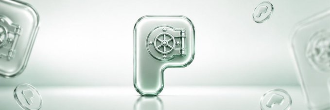 A transparent 3D rendering of the letter 'P' with an embedded combination lock mechanism floats in a bright, minimalist white space.
