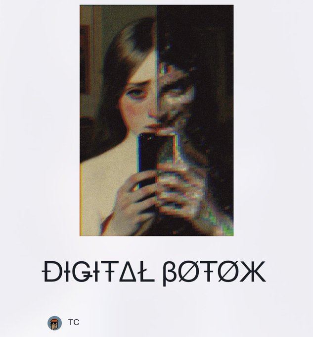 A distorted, glitch-effect portrait of a woman taking a mirror selfie with a phone, featuring chromatic aberration, accompanied by the text "DIGITAL βØTØЖ" and a small "TC" avatar, matching the "Digital Bottom" theme.