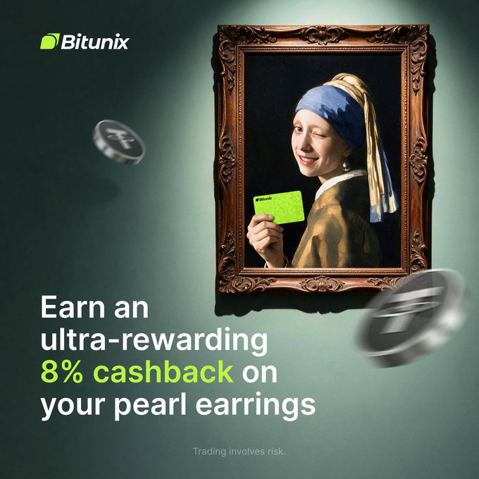 This Bitunix advertisement features Johannes Vermeer's "Girl with a Pearl Earring" painting, reimagined with the subject holding a green Bitunix card instead of a pearl, alongside text promoting "Earn an ultra-rewarding 8% cashback on your pearl earnings" with a disclaimer that "Trading involves risk." The image cleverly ties into the post by visualizing the Bitunix Card as a modern "pearl," emphasizing the card's rewarding cashback benefits while inviting viewers to apply through the provided referral link.