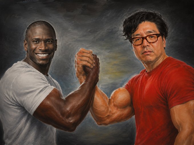 The image features two men with large muscles flexing their biceps by shaking hands across a gray background. One man wears glasses, while the other has dark hair. Both men are dressed in t-shirts. There's an overlay of a text that reads "Arthur Hayes(@CryptoHayes) just bought 1,500 $ETH($2.63M)! arkm.com/explorer/entit ...", which is likely part of a larger advertisement or promotion related to the photo featuring these two men with their muscles.