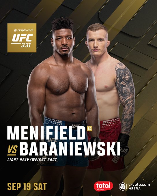 Promotional poster for UFC 331 featuring a Light Heavyweight bout between Alonzo Menifield and Iwo Baraniewski, scheduled for Saturday, September 19, at Crypto.com Arena, showcasing both shirtless fighters in fighting stances.