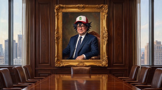 An AI-generated portrait of a man in a suit wearing a red and white cap with a green logo, displayed in an ornate gold frame in a corporate boardroom with city skyline views.