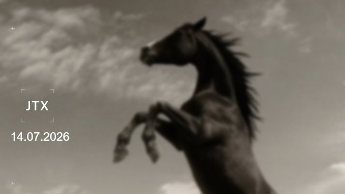 A powerful dark horse rears up against a cloudy sky, with overlay text reading "JTX" and the date "14.07.2026," visually symbolizing the post's bullish outlook on Jito's upcoming points farming opportunity despite the reluctance to engage in summer DeFi activities.
