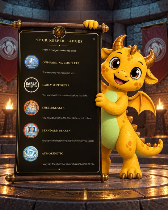 A digital interface screen titled 'YOUR KEEPER BADGES' listing achievement badges (Onboarding Complete, Early Supporter, Shellbreaker, Standard Bearer, Atmokinetic) held by a yellow cartoon dragon character.