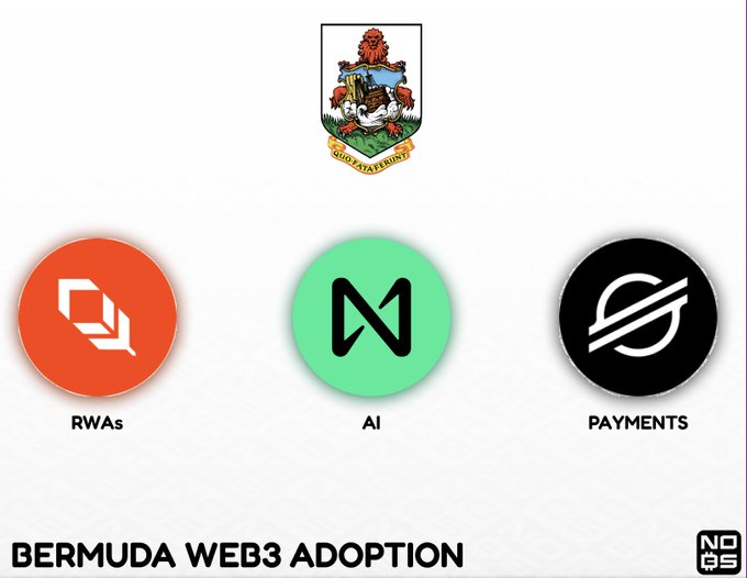 The image features the Bermuda coat of arms at the top with three circular icons below representing RWAs, AI, and Payments, under the heading "BERMUDA WEB3 ADOPTION," visually summarizing how projects like $XLM, $NEAR, and $PLUME are aligning with Bermuda's government initiatives across these key sectors.