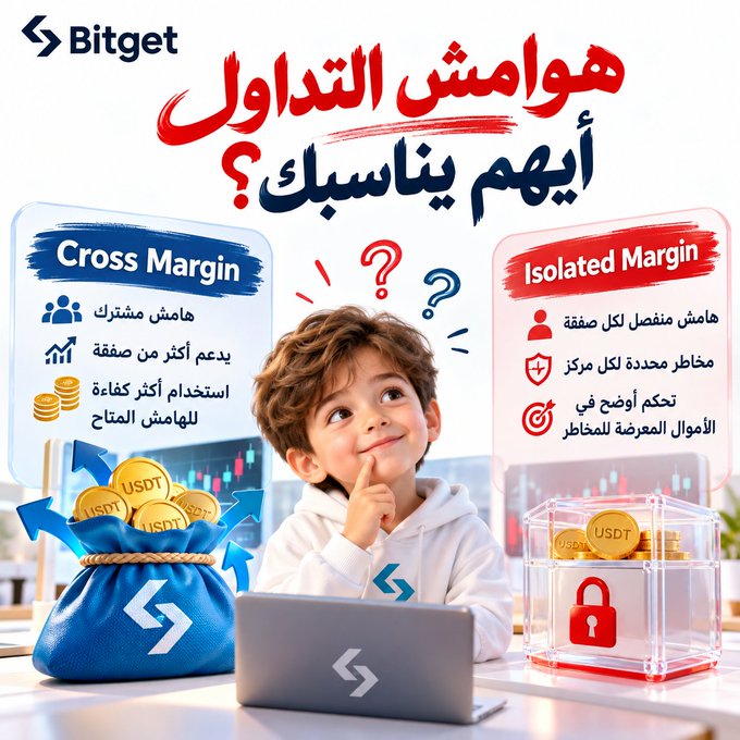 A Bitget promotional graphic in Arabic comparing 'Cross Margin' and 'Isolated Margin' trading features, featuring an image of a boy with a laptop.