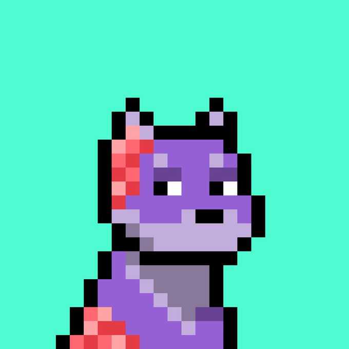 A pixel art illustration of a purple unicorn-like character with a pink and red mane on a solid green background.