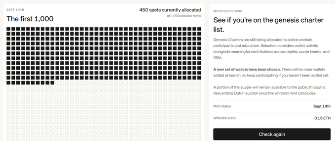 A screenshot of a crypto mint website showing '450 spots currently allocated of 1,000 possible mints' with the title 'The first 1,000' and a whitelist price of '0.15 ETH'. The 'WHITELIST CHECK' section explains that 'Genesis Charters are still being allocated to active onchain participants and educators.'