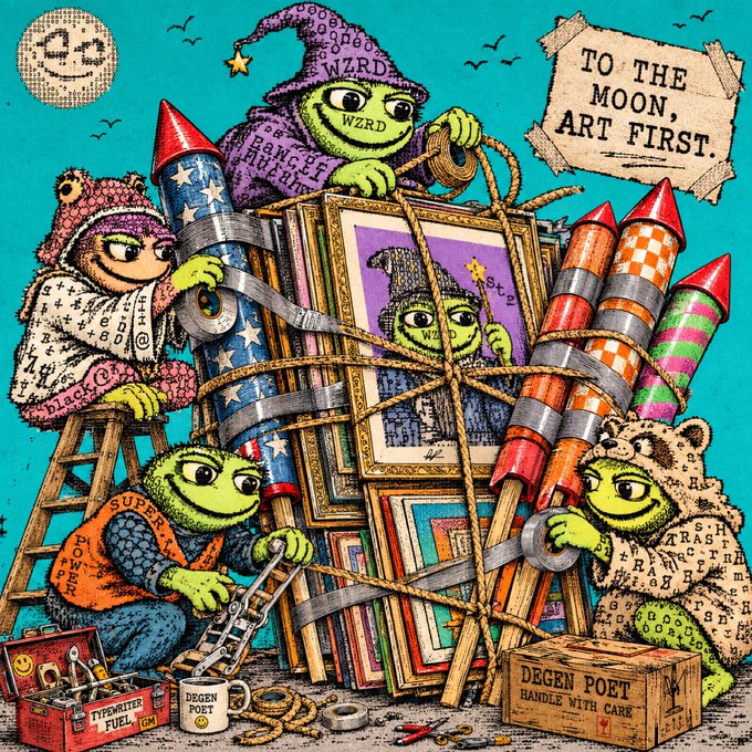 Colorful illustration of green Pepe-style frog characters dressed as wizards and builders constructing a rocket with art pieces, with text 'TO THE MOON, ART FIRST' and 'DEGEN POOT'.