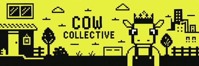 A pixel-art style logo for 'COW COLLECTIVE' featuring a crowned cow character on the right, with a yellow background and black silhouettes of buildings and trees.