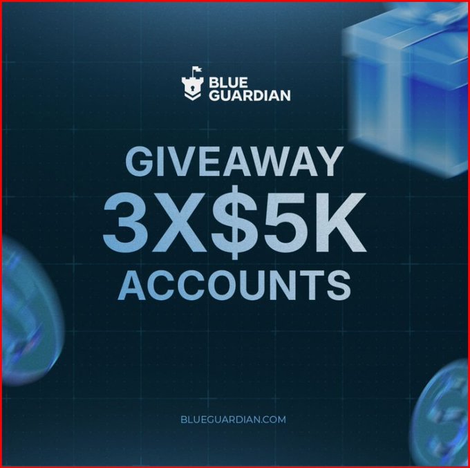 A promotional graphic for a Blue Guardian giveaway offering '3X$5K ACCOUNTS'.