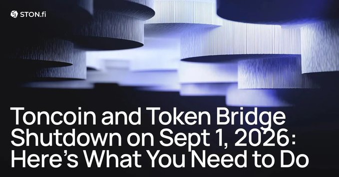 A STON.fi article header reads 'Toncoin and Token Bridge Shutdown on Sept 1, 2026: Here's What You Need to Do' over an image of hanging cylindrical lights.