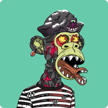 A cartoonish anthropomorphic ape with a rocky, cracked head, glowing yellow eyes, and a protruding tongue sticks out its tongue, wearing a black pirate hat and a striped shirt against a teal background. The grotesque, monstrous depiction of the ape visually amplifies the "ape & babe" caption by portraying the ape as wild and savage rather than charming.
