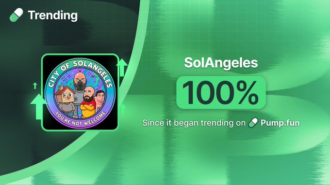 The focus of the image should be a logo or an icon featuring the word "Sunangeles". The image is an advertisement for a podcast or video game called Pump Fun, which has been 100% successful since its launch. This success can be seen by analyzing data like likes and shares on social media platforms or through engagement in the form of comments and discussions about the content provided by the podcast or video game. In this case, the image highlights how popular "SOLANGELES" and its related activities have been, as indicated by the 100% growth they've achieved since their launch.