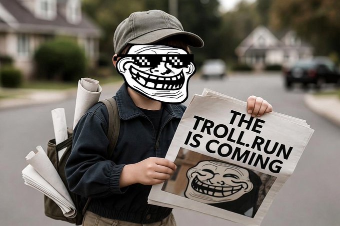 The image features a young boy wearing sunglasses, holding up a newspaper with "The troll run is coming" written on it. He appears excited about the upcoming revolution against the trolls. The boy also has a backpack on his back, suggesting that he might be carrying some belongings or reading materials for himself and others around him.