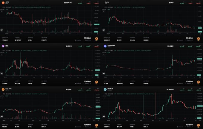 A dark-themed crypto dashboard displaying multiple TradingView candlestick charts for various token pairs with 'TENERO' branding across the panels.