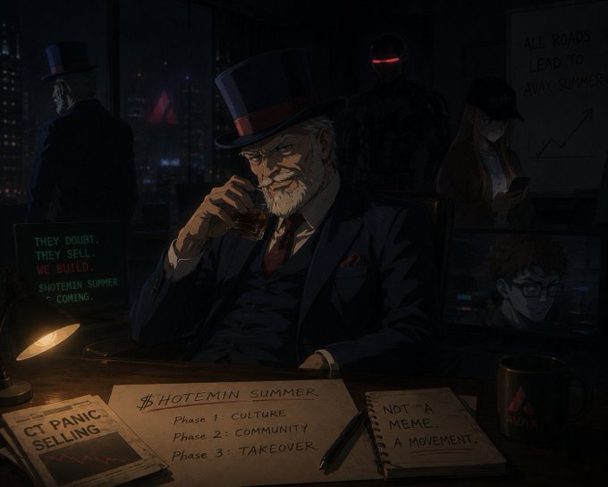 An older man in a top hat sits at a desk holding a drink, surrounded by ominous figures and city lights at night. Visible text includes "$HOTEMIN SUMMER" with phases "CULTURE," "COMMUNITY," and "TAKEOVER," a notepad reading "NOT A MEME. A MOVEMENT.," a newspaper labeled "CT PANIC SELLING," and a whiteboard stating "ALL ROADS LEAD TO $AVAX SUMMER," all reinforcing the post's message of "$HOTEMIN" enduring beyond any single figure.