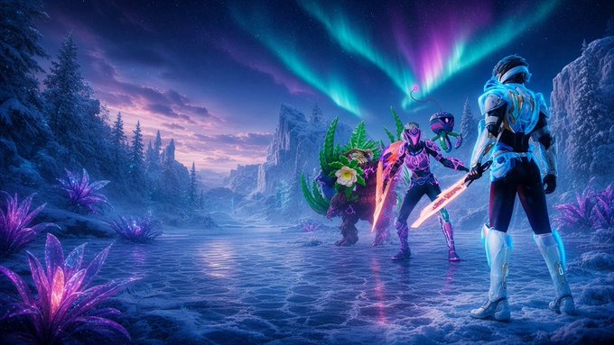 A vibrant digital artwork shows armored figures and characters standing on ice under a dramatic aurora borealis with purple and green hues lighting up the night sky.