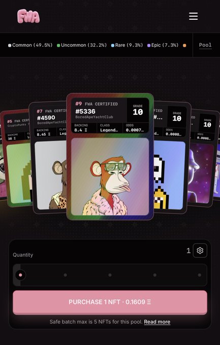 A mobile screen from FWA displays a collection of digital trading cards, with a Bored Ape Yacht Club NFT (FWA Certified #5336) priced at 0.1609 ETH as the featured item, alongside other cards like CryptoPunks #4590. The image illustrates the concept in the caption: FWA functions like a gamified OpenSea, where users mint and trade FWA-certified NFTs of iconic collections to earn $SEA tokens.