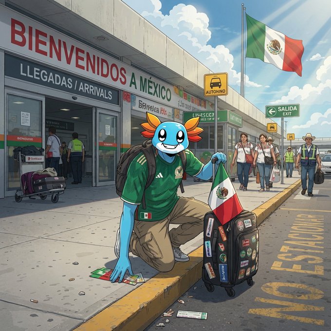 The image features a man dressed as a blue-green fish with an orange belly, holding up a Mexico flag while sitting on a curb next to his luggage. In the background, there are people walking by or standing near a building that has a sign for "Bienvenidos Arrivals". The post also includes text about "Buenos días, familia AXOL."