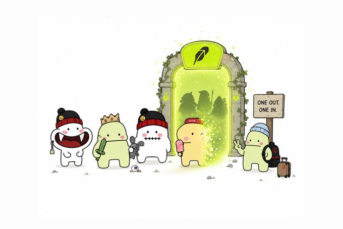A group of cute cartoon characters wearing winter hats and accessories gather around a glowing green portal marked with a Robinhood logo, while one character with a suitcase waves goodbye near a sign reading "ONE OUT, ONE IN." The image illustrates TheGloobs NFT collection bridging to the Robinhood ecosystem, visually representing the transition of users in and out of the project.