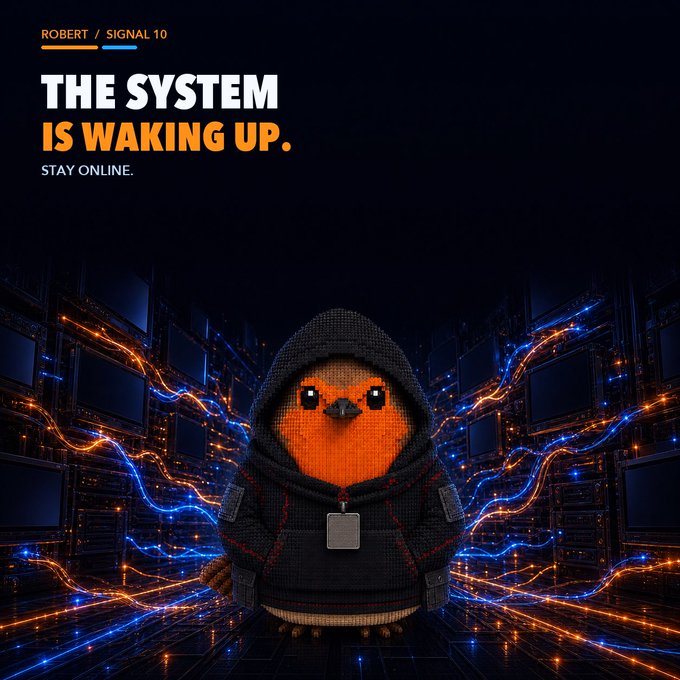 A digital poster featuring a knitted penguin character in a black hoodie with 'ROBERT / SIGNAL 10' and the text 'THE SYSTEM IS WAKING UP. STAY ONLINE.' against a background of blue and orange digital streams.