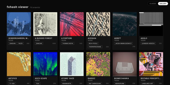 The image shows a webpage with a list of various artworks displayed, including different types of paintings and drawings. The artworks are organized into multiple columns, making it easy for viewers to browse through them. The website also has a "Focus on" section that allows users to concentrate on specific pieces or artists. The post about the artwork is titled "fx hash viewer", indicating that this is an article discussing the featured artworks and their significance in the world of generative art.
