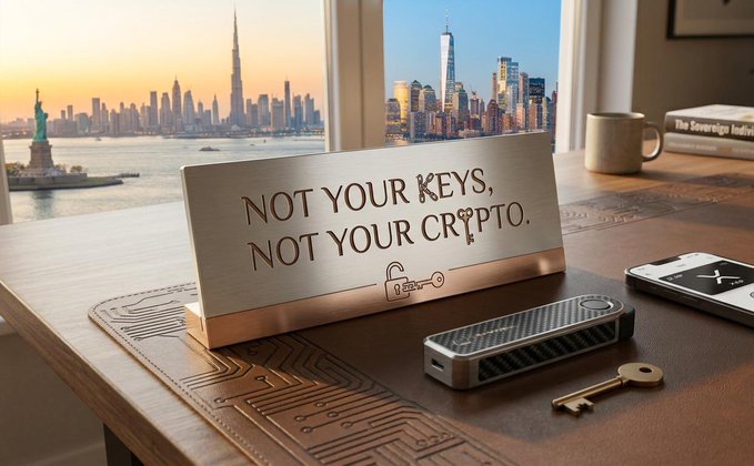 A brushed metal sign on a desk reads "NOT YOUR KEYS, NOT YOUR CRYPTO," reinforcing the post's urgent message about moving XRP off centralized exchanges into self-custody before potential freezes, hacks, or maintenance lockouts occur. Next to the sign sits a hardware wallet and physical key—visual symbols of the self-sovereign storage solution being advocated—framed against a city skyline backdrop.