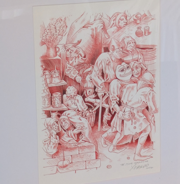 A red-toned sketch illustration depicting a group of whimsical, cartoonish figures in what appears to be a barbershop or workshop scene.
