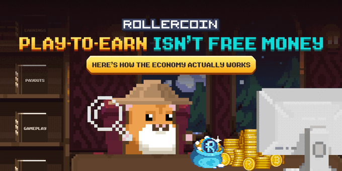 A pixel-art style promotional graphic for 'ROLLERCOIN' featuring a hamster character holding a magnifying glass, with text reading 'PLAY-TO-EARN ISN'T FREE MONEY' and 'HERE'S HOW THE ECONOMY ACTUALLY WORKS' alongside cryptocurrency icons.