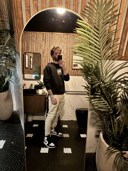 A man with tattoos takes a mirror selfie in a modern restroom with wood-paneled walls, a large arched mirror, and a potted palm plant.